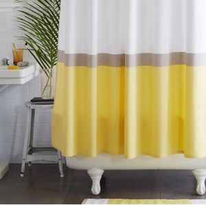 West Elm Horizon Stripe Shower Curtain - citron and taupe